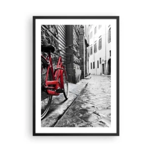 Póster en marco negro - Una bicicleta roja en una calle adoquinada blanca y negra - 50x70cm - La verdadera belleza no envejece - Decoración de pared moderna para salón y dormitorio ARTTOR