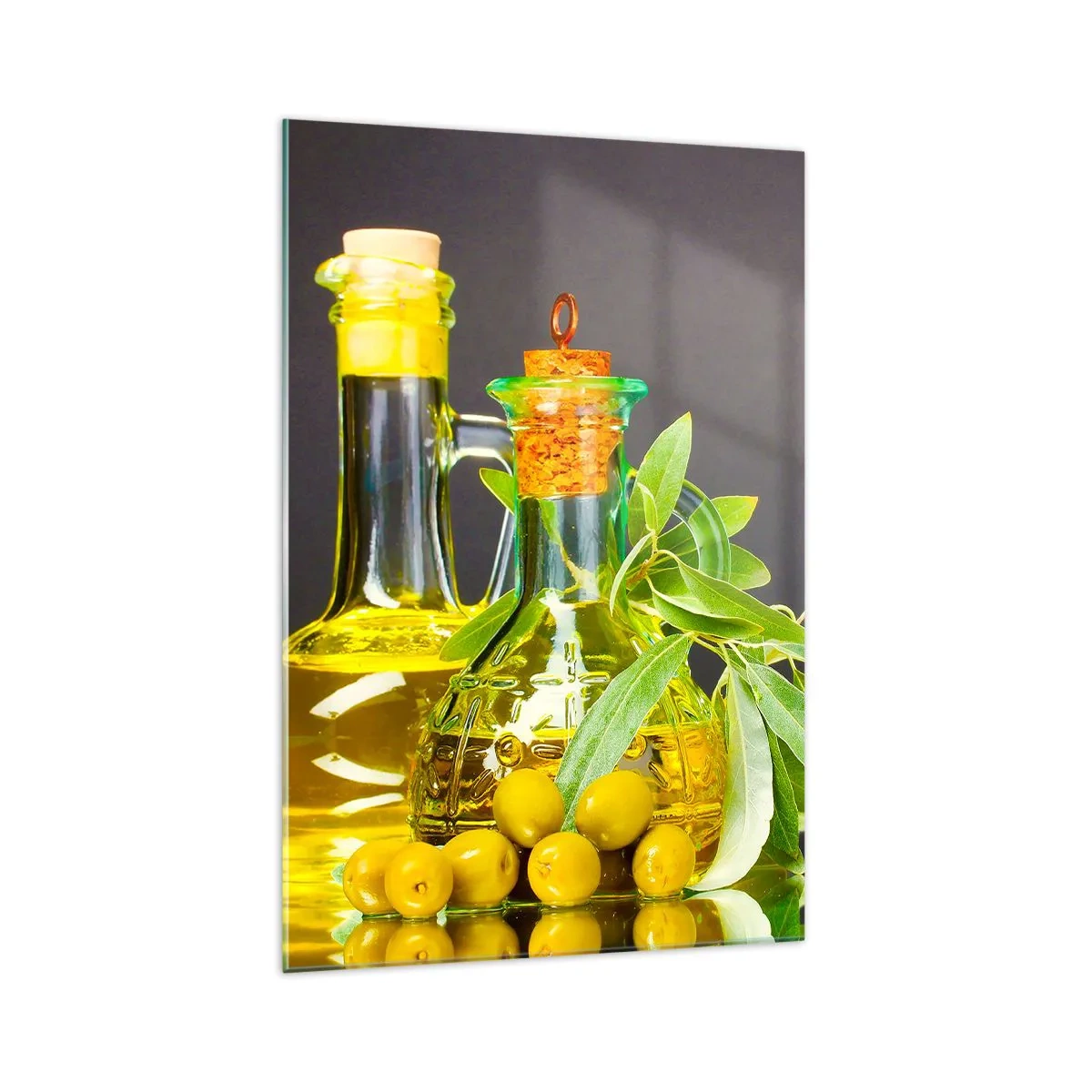 Cuadro sobre vidrio - Impresiones sobre Vidrio - Botellas de aceite de oliva y ramas de olivo - 70x100cm - Bodegón con aceitunas y aceite - Decoración de pared moderna para salón y dormitorio ARTTOR