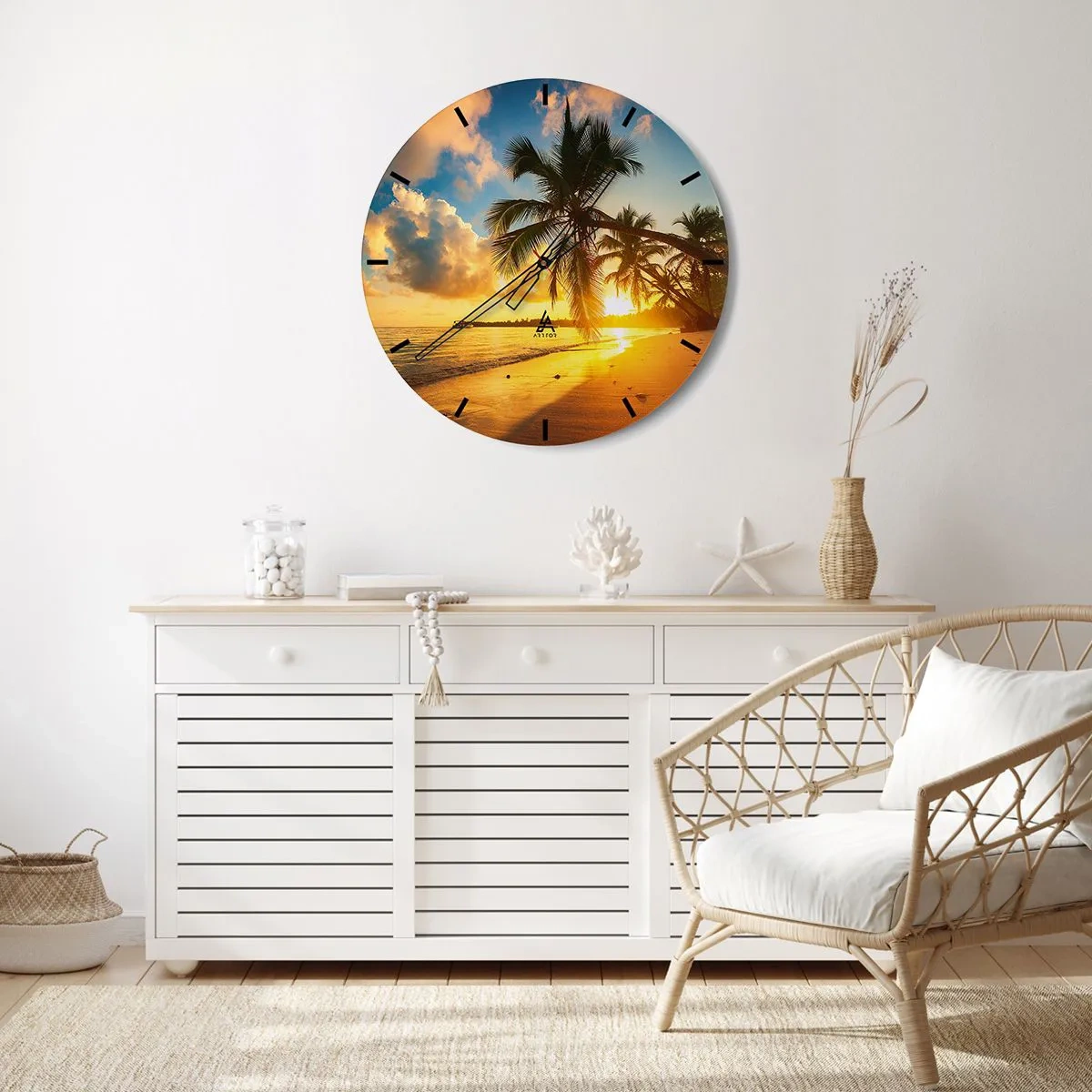 Reloj de pared - Reloj de vidrio - Una playa con palmeras iluminada por el sol poniente. - 30x30cm - Un sueño caribeño - Decoración de pared moderna para salón, cocina y dormitorio ARTTOR