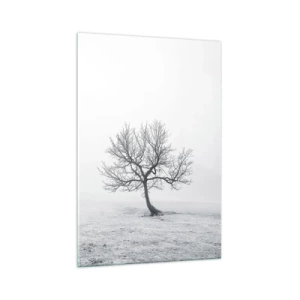 Cuadro sobre vidrio - Impresiones sobre Vidrio - Un árbol solitario en la niebla invernal en un campo vacío. - 70x100cm - Contra la nada - Decoración de pared moderna para salón y dormitorio ARTTOR