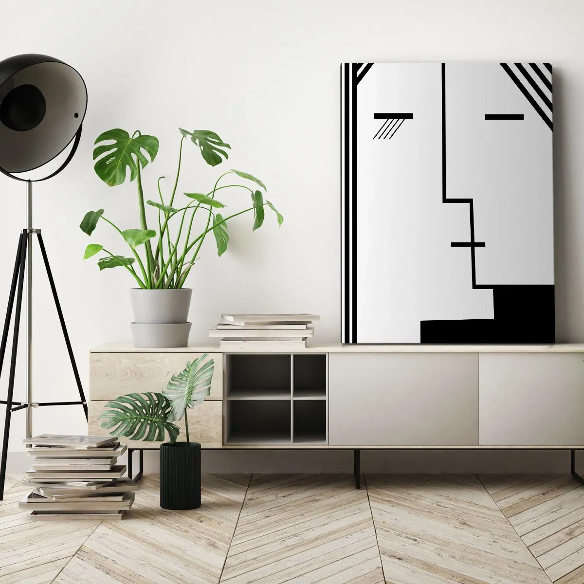 Cuadro sobre lienzo - Impresión de Imagen - Abstracción geométrica de un beso en blanco y negro. - 50x70cm - Solo un beso - Decoración de pared moderna para salón y dormitorio ARTTOR