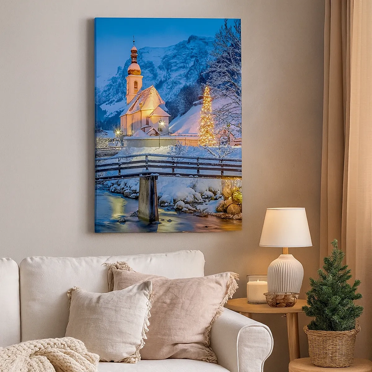 Cuadro sobre lienzo - Impresión de Imagen - Paisaje invernal con una iglesia, un puente y montañas al atardecer - 50x70cm - El espíritu de la Navidad - Decoración de pared moderna para salón y dormitorio ARTTOR