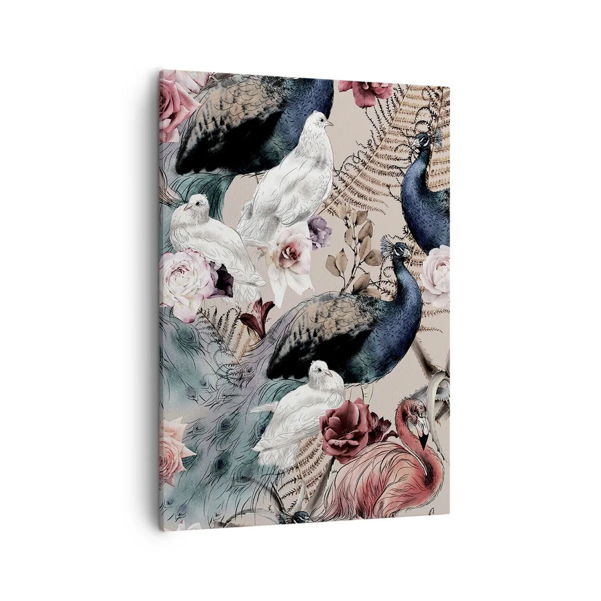 Cuadro sobre lienzo - Impresión de Imagen - Un paisaje con plumas de pavo real, rosas y pájaros en estilo romántico. - 50x70cm - En un jardín de palacio - Decoración de pared moderna para salón y dormitorio ARTTOR
