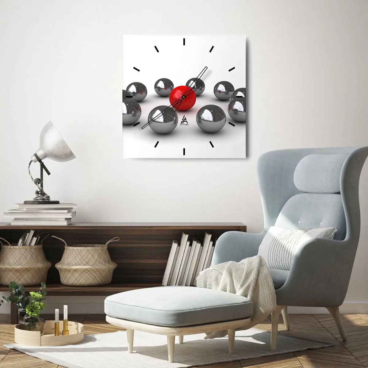 Reloj de pared - Reloj de vidrio - Una bola roja rodeada de bolas plateadas sobre un fondo blanco. - 30x30cm - Círculo en plata y rojo - Decoración de pared moderna para salón y dormitorio ARTTOR