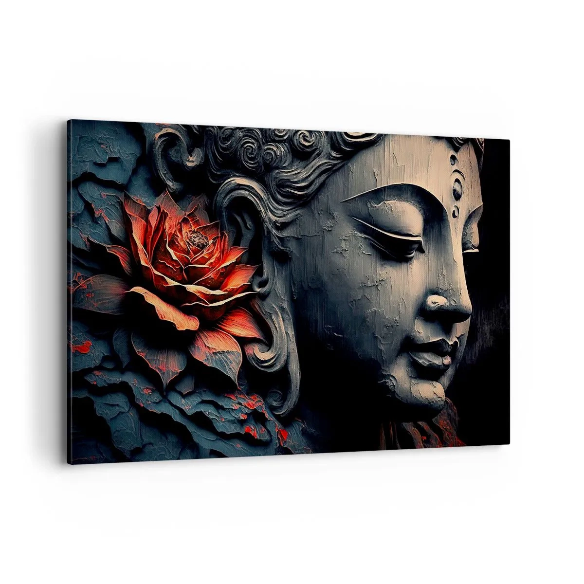Cuadro sobre lienzo - Impresión de Imagen - Escultura de Buda con una flor de loto roja. - 120x80cm - En sintonía con el mundo - Decoración de pared moderna para salón y dormitorio ARTTOR