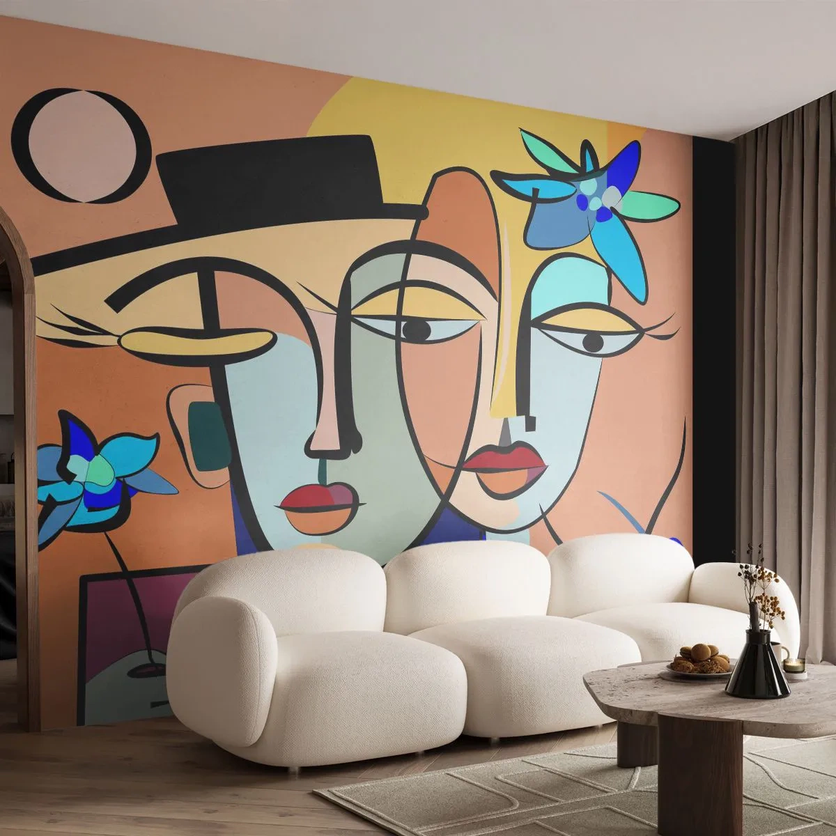 Fotomural Premium Sand - Rostros abstractos de estilo cubista con flores - 100x70cm - Randez vous de Picasso - Decoración de pared moderna para salón y dormitorio ARTTOR