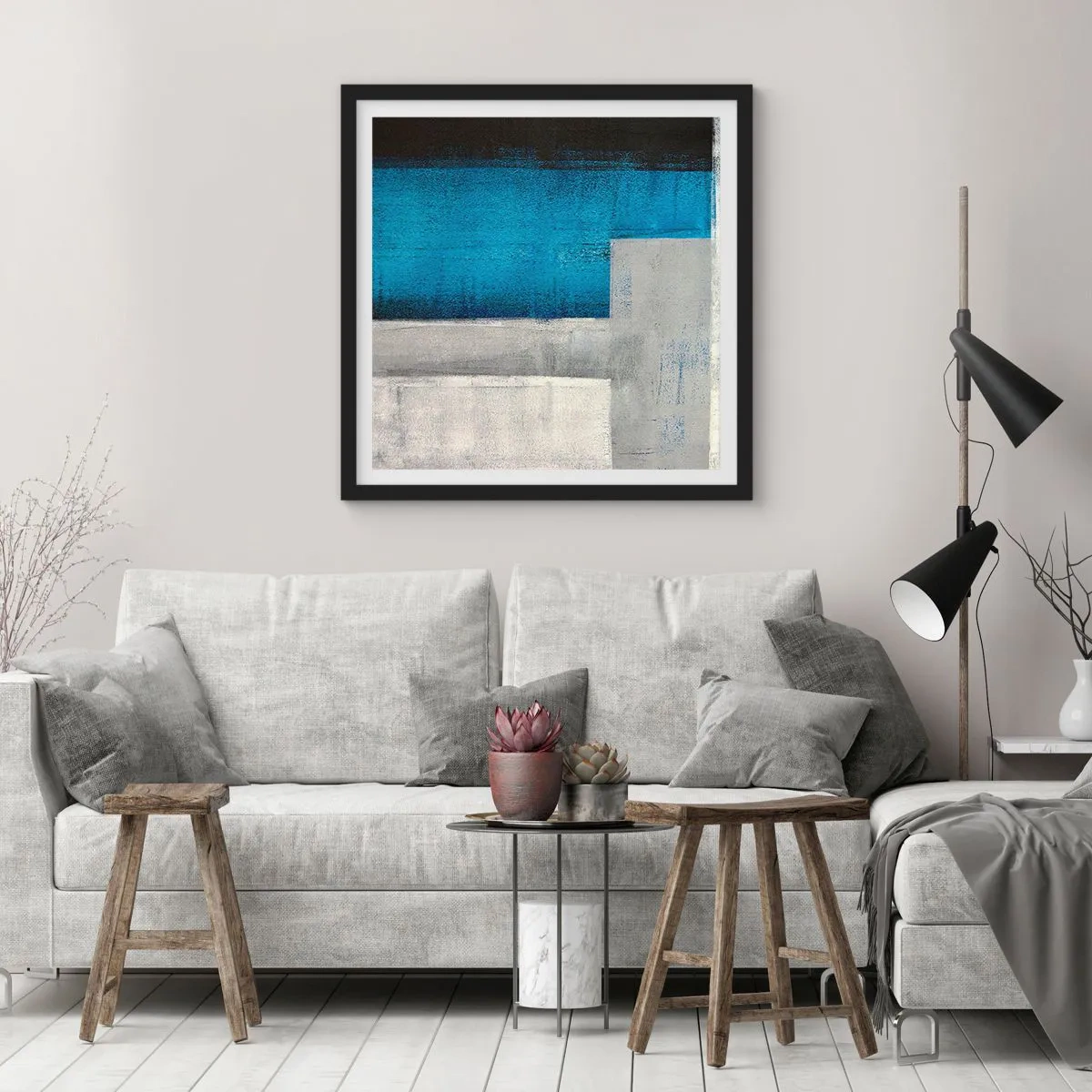 Póster en marco negro - Composición poética de gris y azul - 30x30 cm