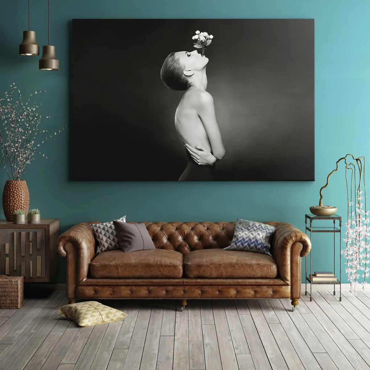 Cuadro sobre lienzo - Impresión de Imagen - Silueta en blanco y negro de una mujer con una flor. - 70x50cm - Elegancia excéntrica - Decoración de pared moderna para salón y dormitorio ARTTOR