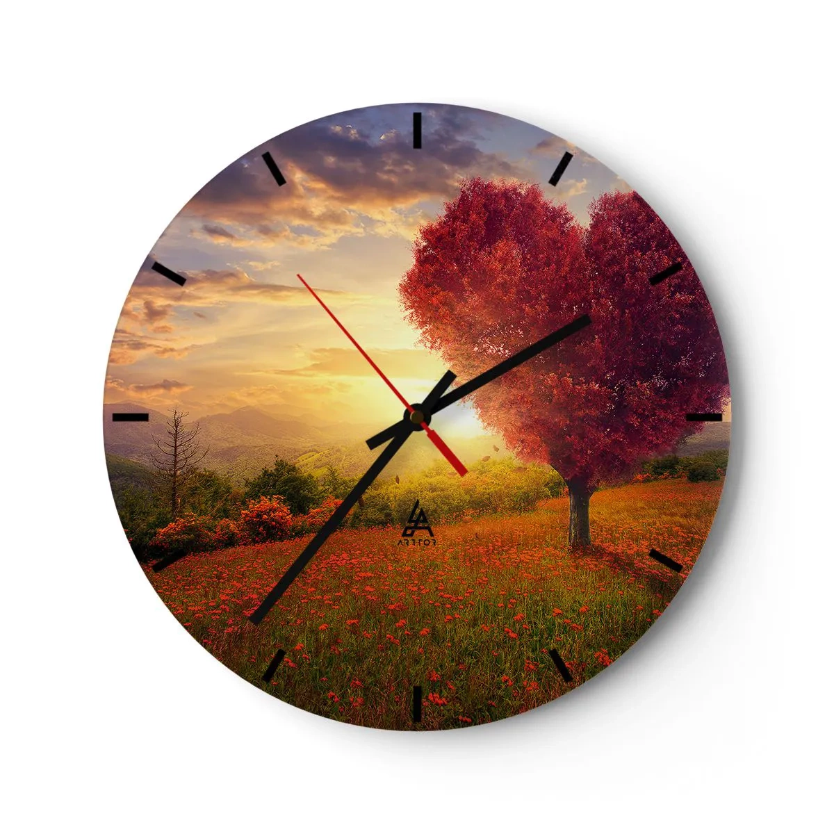 Reloj de pared - Reloj de vidrio - Paisaje con un árbol rojo en forma de corazón al atardecer - 30x30cm - Te atrapa el corazón - Decoración de pared moderna para salón, cocina y dormitorio ARTTOR