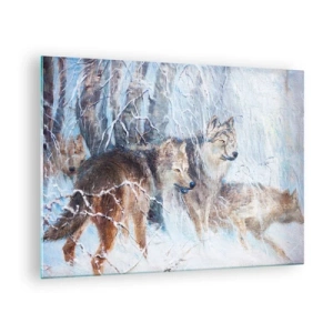 Cuadro sobre vidrio - Impresiones sobre Vidrio - Tres lobos en un bosque invernal rodeado de nieve. - 70x50cm - ¡Cuidado! Aquí viene... - Decoración de pared moderna para salón y dormitorio ARTTOR