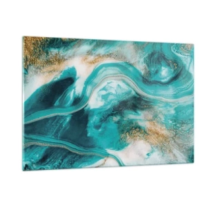 Cuadro sobre vidrio - Impresiones sobre Vidrio - Una composición abstracta en turquesa con acentos dorados. - 120x80cm - Río de oro - Decoración de pared moderna para salón y dormitorio ARTTOR