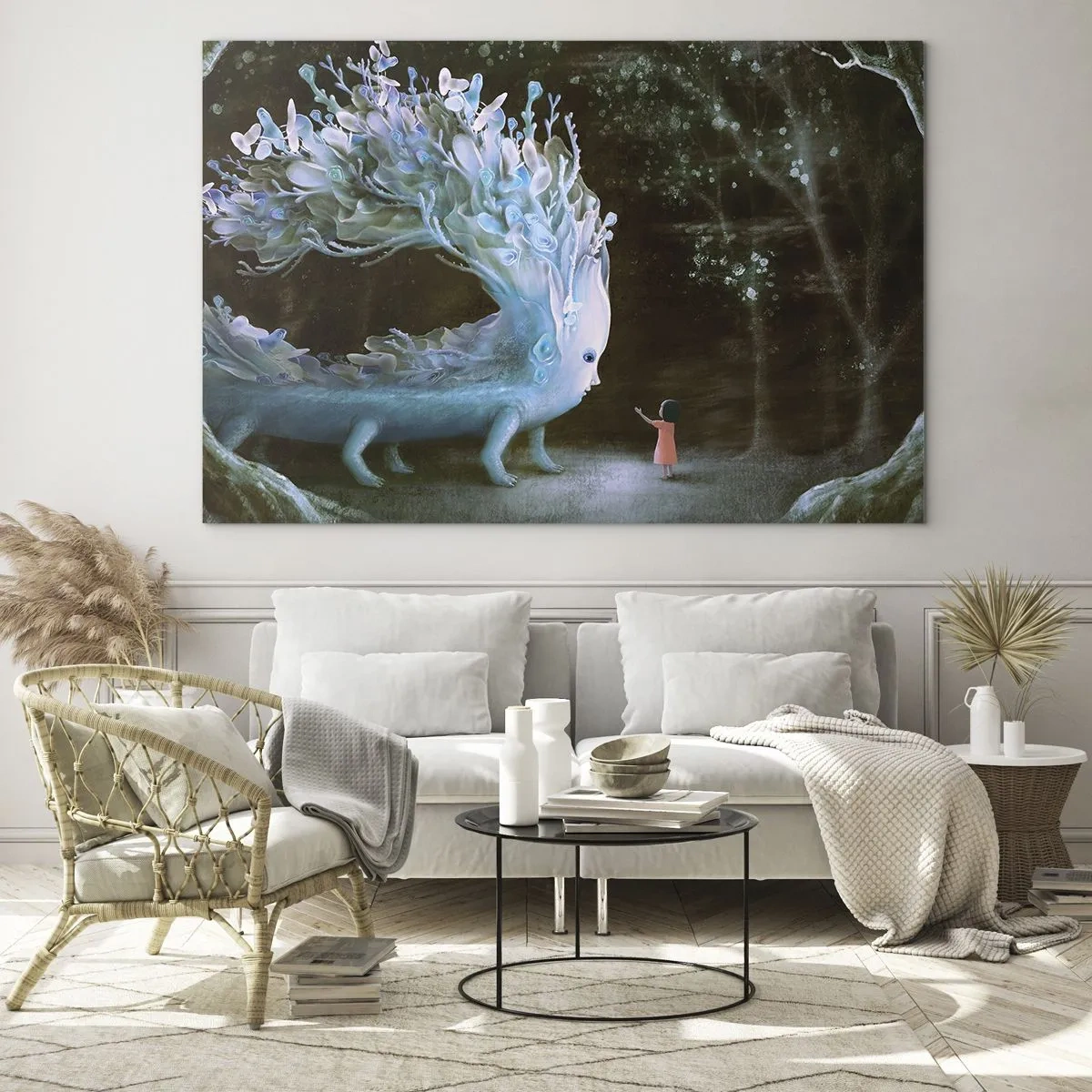 Cuadro sobre vidrio - Impresiones sobre Vidrio - Una niña se encuentra con una criatura mágica en el bosque. - 70x50cm - Una reunión fantástica - Decoración de pared moderna para salón y dormitorio ARTTOR
