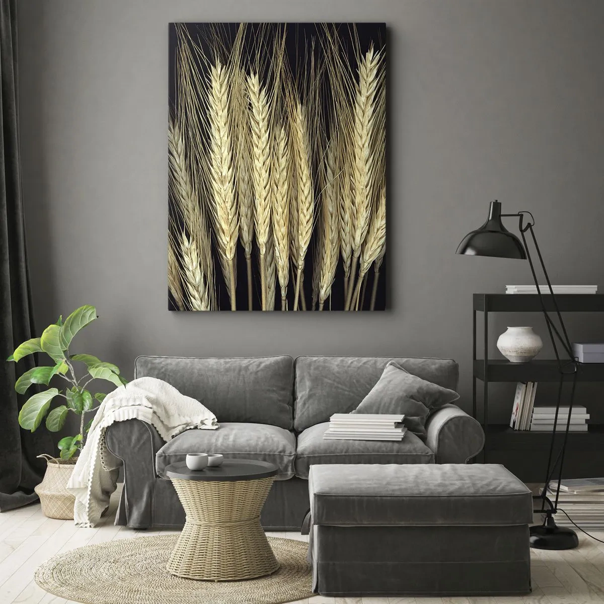 Cuadro sobre lienzo - Impresión de Imagen - Espigas de trigo sobre fondo negro en estilo rústico - 80x120cm - Magia rústica - Decoración de pared moderna para salón y dormitorio ARTTOR