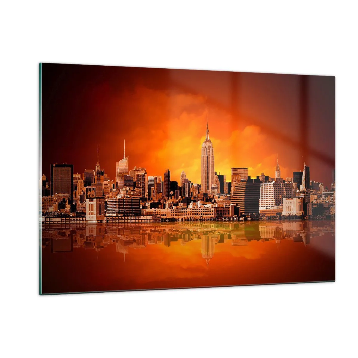 Cuadro sobre vidrio - Impresiones sobre Vidrio - Panorama de la ciudad al atardecer - 120x80cm - Un panorama de la ciudad en amarillo y marrón - Decoración de pared moderna para salón y dormitorio ARTTOR