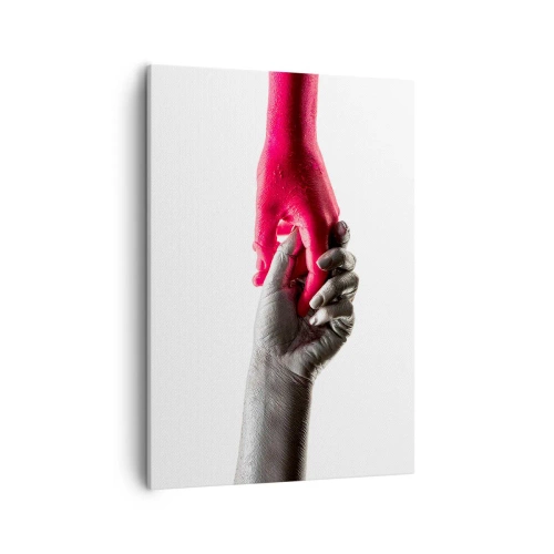 Cuadro sobre lienzo - Impresión de Imagen - Manos simbólicas en plata y rojo. - 50x70cm - Juntos, aunque diferentes - Decoración de pared moderna para salón y dormitorio ARTTOR