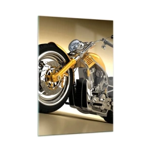 Cuadro sobre vidrio - Impresiones sobre Vidrio - Una motocicleta personalizada dorada sobre un fondo claro. - 50x70cm - Un sueño de fuerza y velocidad - Decoración de pared moderna para salón y dormitorio ARTTOR