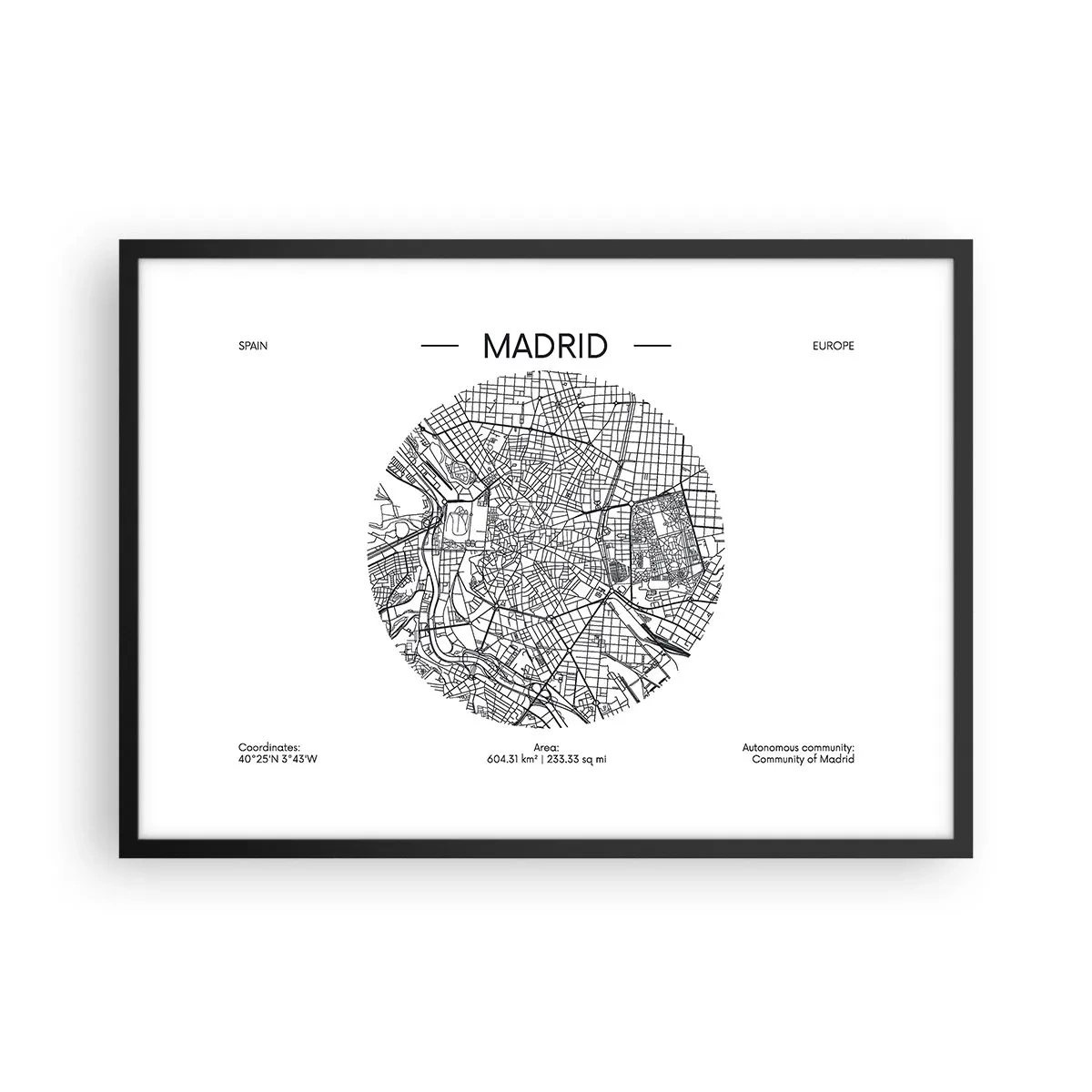 Póster en marco negro - Mapa de Madrid en estilo minimalista en blanco y negro - 70x50cm - Anatomía de Madrid - Decoración de pared moderna para salón y dormitorio ARTTOR