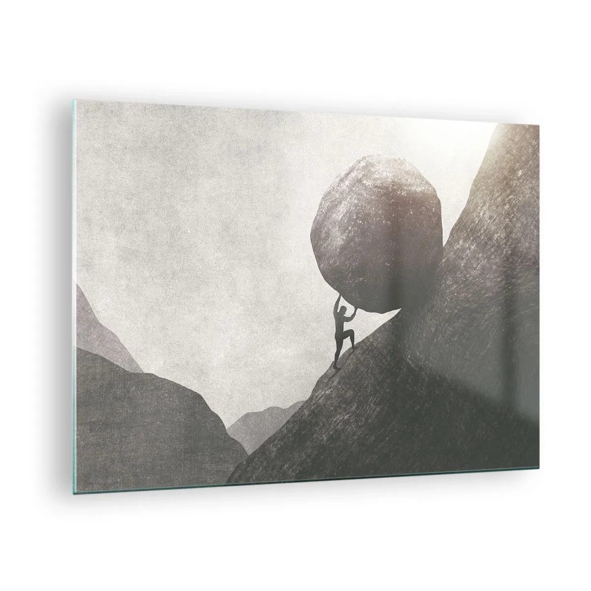 Cuadro sobre vidrio - Impresiones sobre Vidrio - Una figura empujando una roca cuesta arriba contra un paisaje montañoso. - 70x50cm - Creo, contra toda esperanza - Decoración de pared moderna para salón y dormitorio ARTTOR