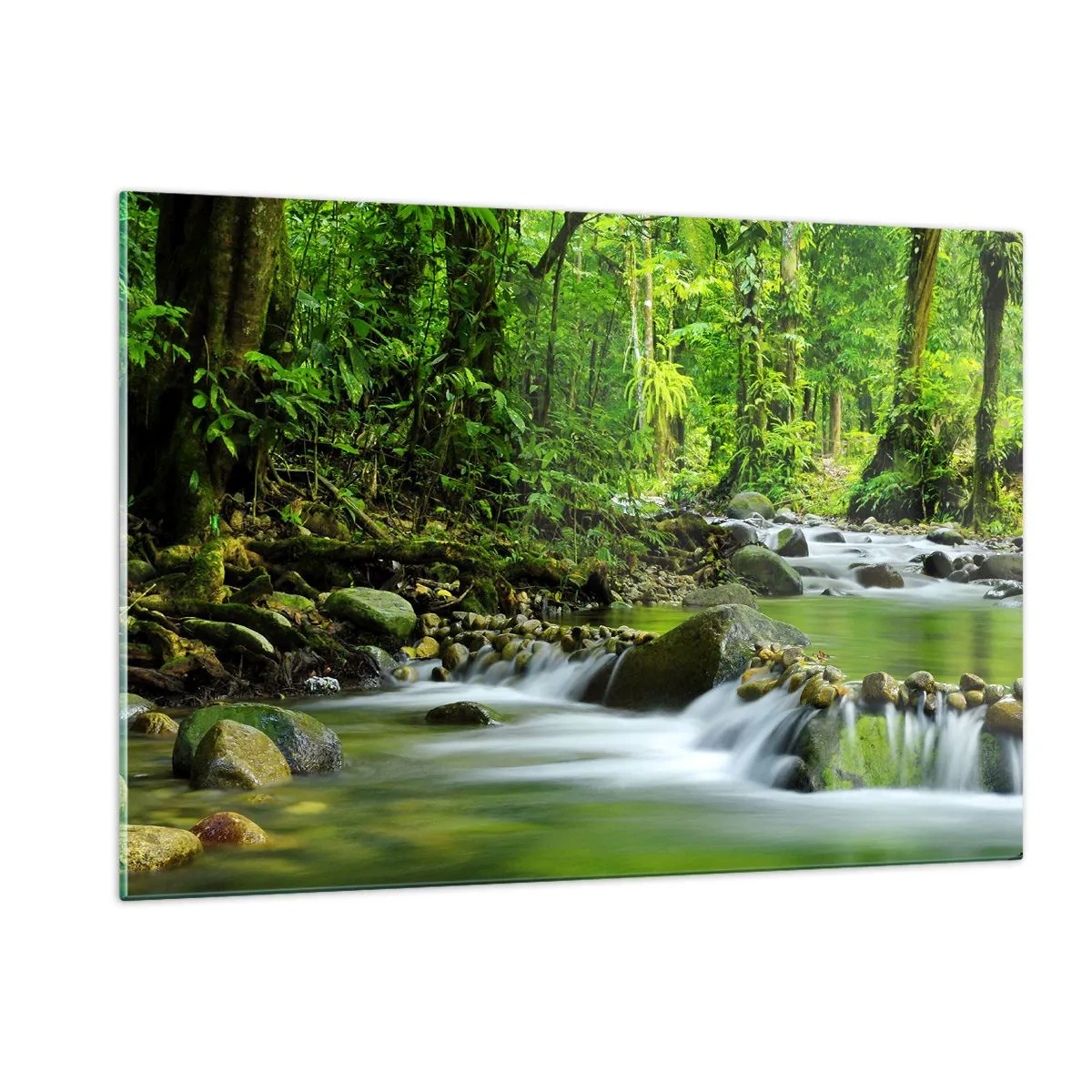 Cuadro sobre vidrio - Impresiones sobre Vidrio - Un arroyo forestal rodeado de exuberante vegetación. - 120x80cm - Flotar en un mar de verde - Decoración de pared moderna para salón y dormitorio ARTTOR