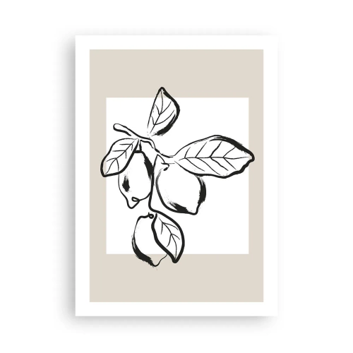 Póster - Una ilustración minimalista de una rama de limón en estilo blanco y negro. - 50x70cm - Donde el limón madura... - Decoración de pared moderna para salón y dormitorio ARTTOR