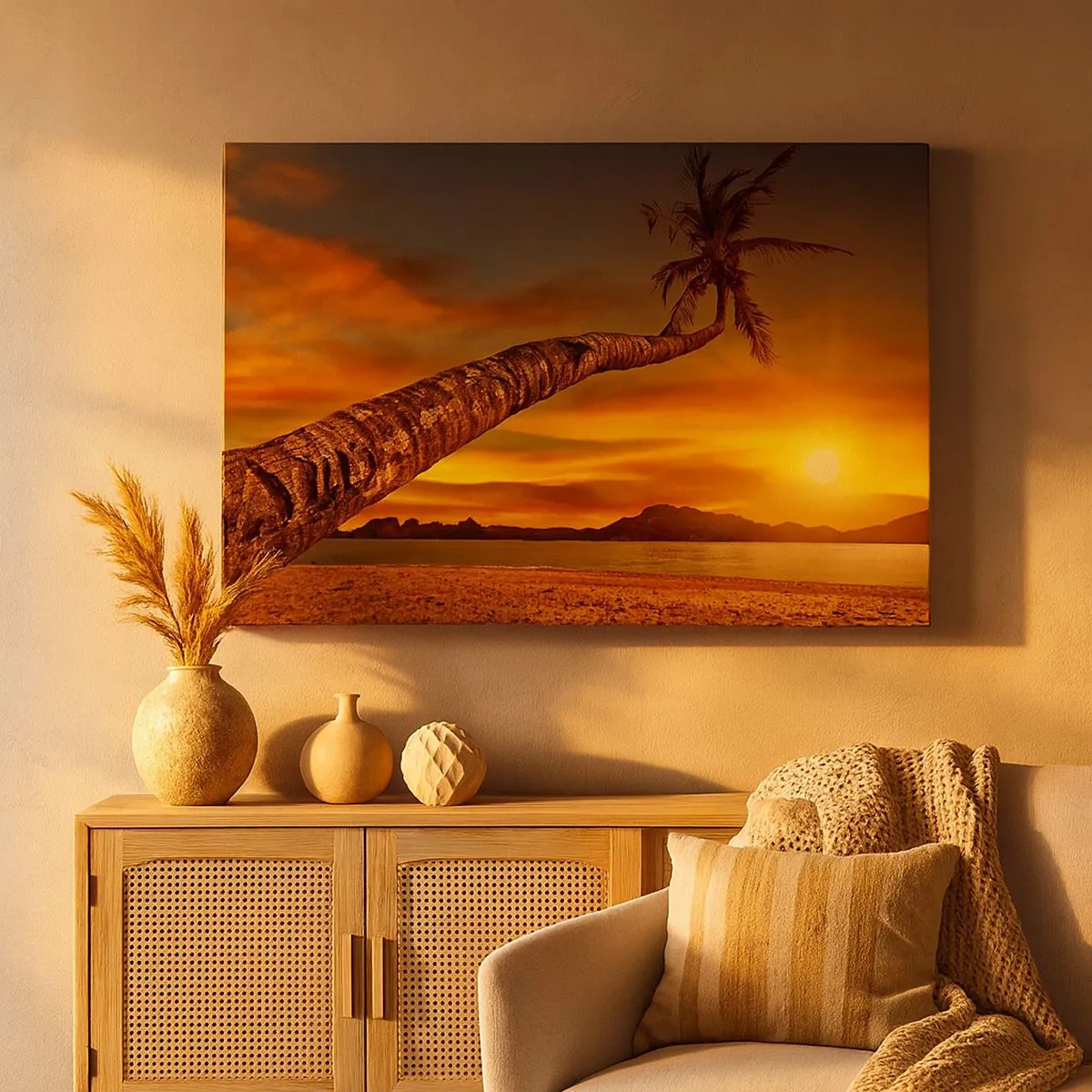 Cuadro sobre lienzo - Impresión de Imagen - Palmera en la playa al atardecer con vistas al mar - 70x50cm - Vacaciones exóticas, aventura en el Caribe - Decoración de pared moderna para salón y dormitorio ARTTOR