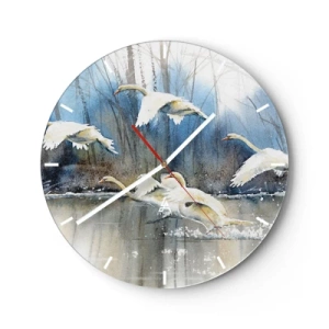 Reloj de pared - Reloj de vidrio - Cisnes volando desde la superficie del lago con el bosque al fondo - 30x30cm - Como en un cuento de cisnes salvajes - Decoración de pared moderna para salón, cocina y dormitorio ARTTOR