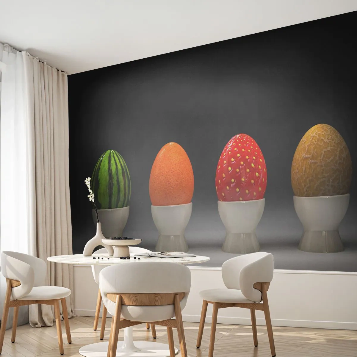 Fotomural Premium Sand - Huevos en vasos con cáscaras que se asemejan a frutas. - 100x70cm - Desayuno de frutas - Decoración de pared moderna para salón y dormitorio ARTTOR