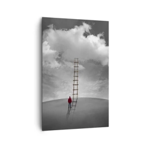 Cuadro sobre lienzo - Impresión de Imagen - Una persona con un abrigo rojo y una escalera que conduce a una nube. - 80x120cm - Todo es posible - Decoración de pared moderna para salón y dormitorio ARTTOR