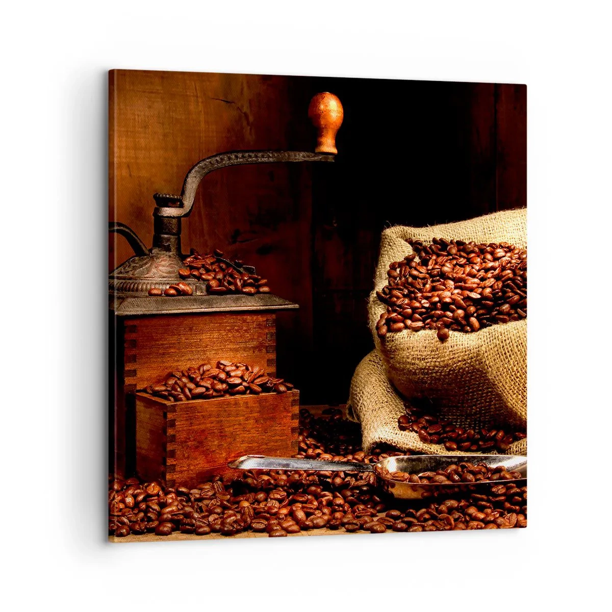 Cuadro sobre lienzo - Impresión de Imagen - Bodegón con granos de café y molinillo - 60x60 cm