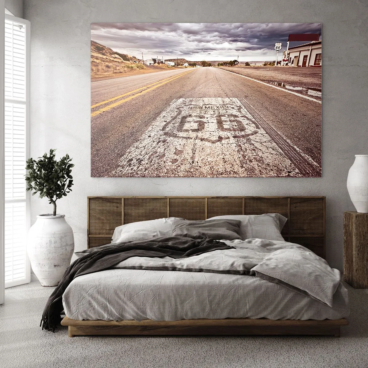 Cuadro sobre vidrio - Impresiones sobre Vidrio - Ruta 66 con vista al horizonte - 70x50cm - Mother Road: una leyenda americana - Decoración de pared moderna para salón y dormitorio ARTTOR