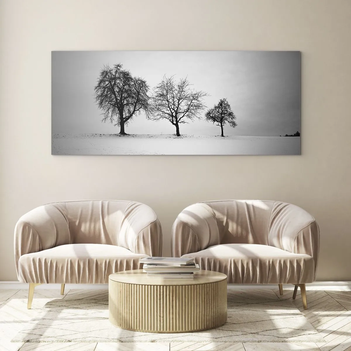 Cuadro sobre vidrio - Impresiones sobre Vidrio - Tres árboles en un campo nevado en estilo monocromático. - 140x50cm - ¿Con qué sueñan? - Decoración de pared moderna para salón y dormitorio ARTTOR