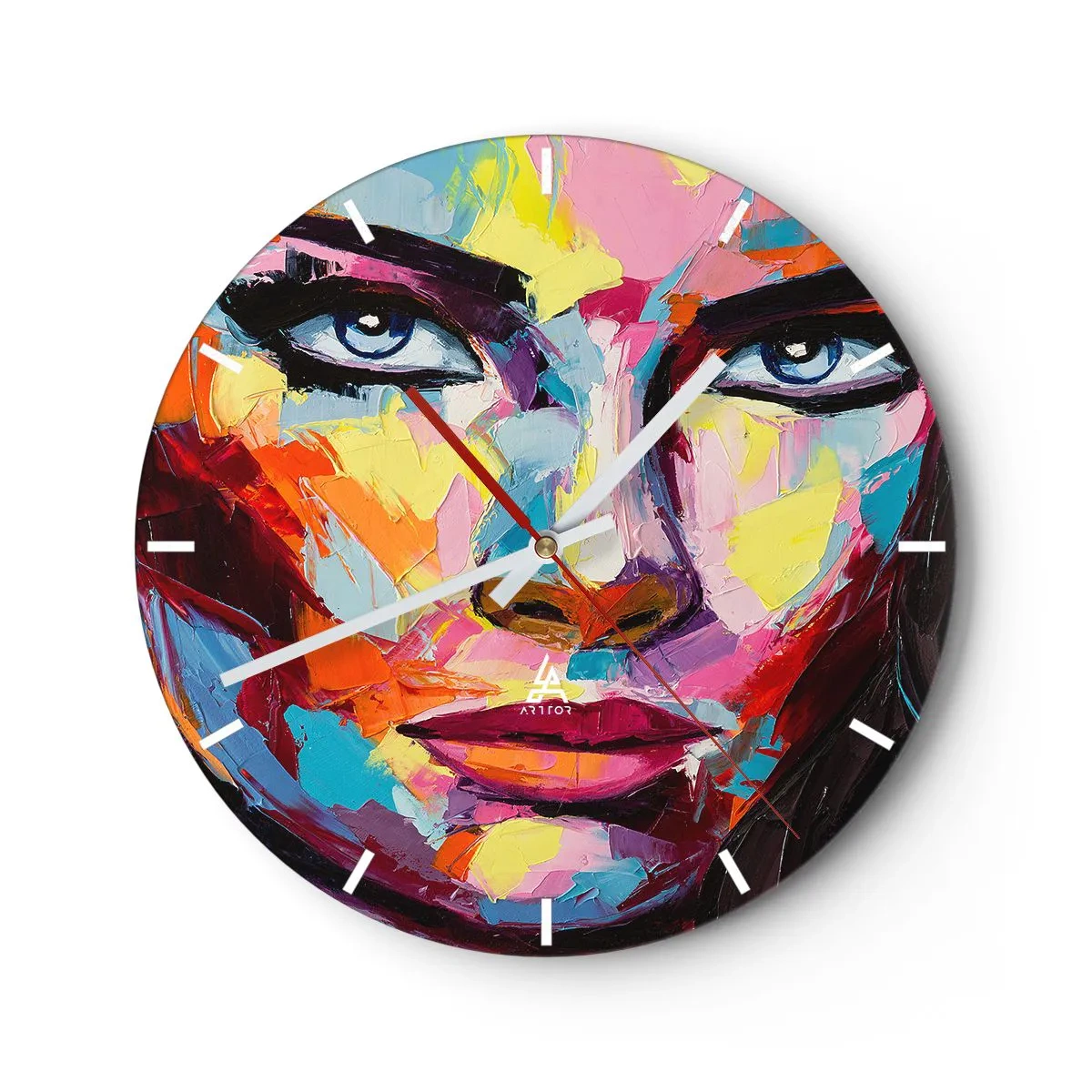 Reloj de pared - Reloj de vidrio - Retrato abstracto de una mujer en colores vivos. - 30x30cm - Un alma colorida también - Decoración de pared moderna para salón, cocina y dormitorio ARTTOR