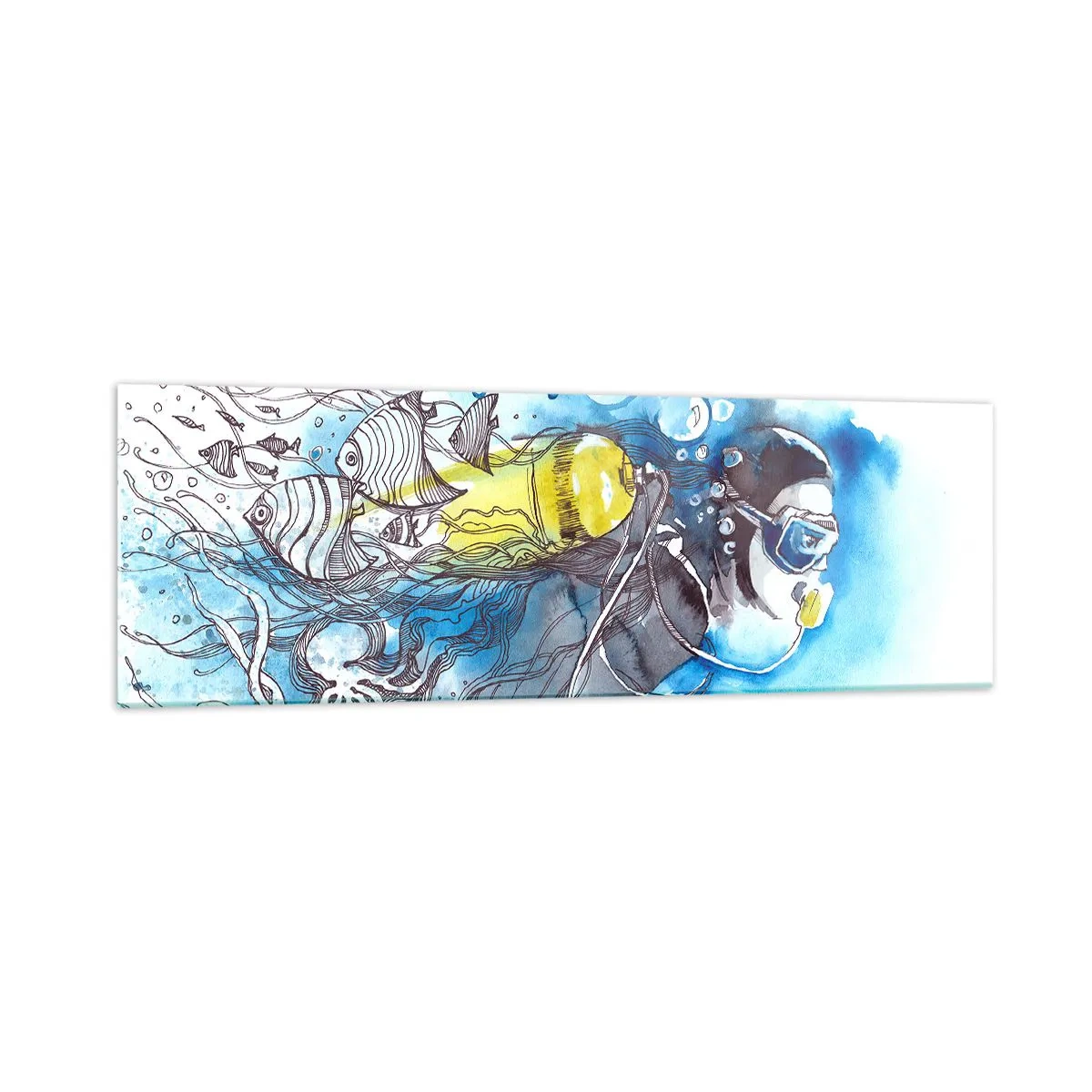 Cuadro sobre vidrio - Impresiones sobre Vidrio - Escena submarina con un buceador y peces exóticos. - 160x50cm - Sumergirse en lo desconocido - Decoración de pared moderna para salón y dormitorio ARTTOR