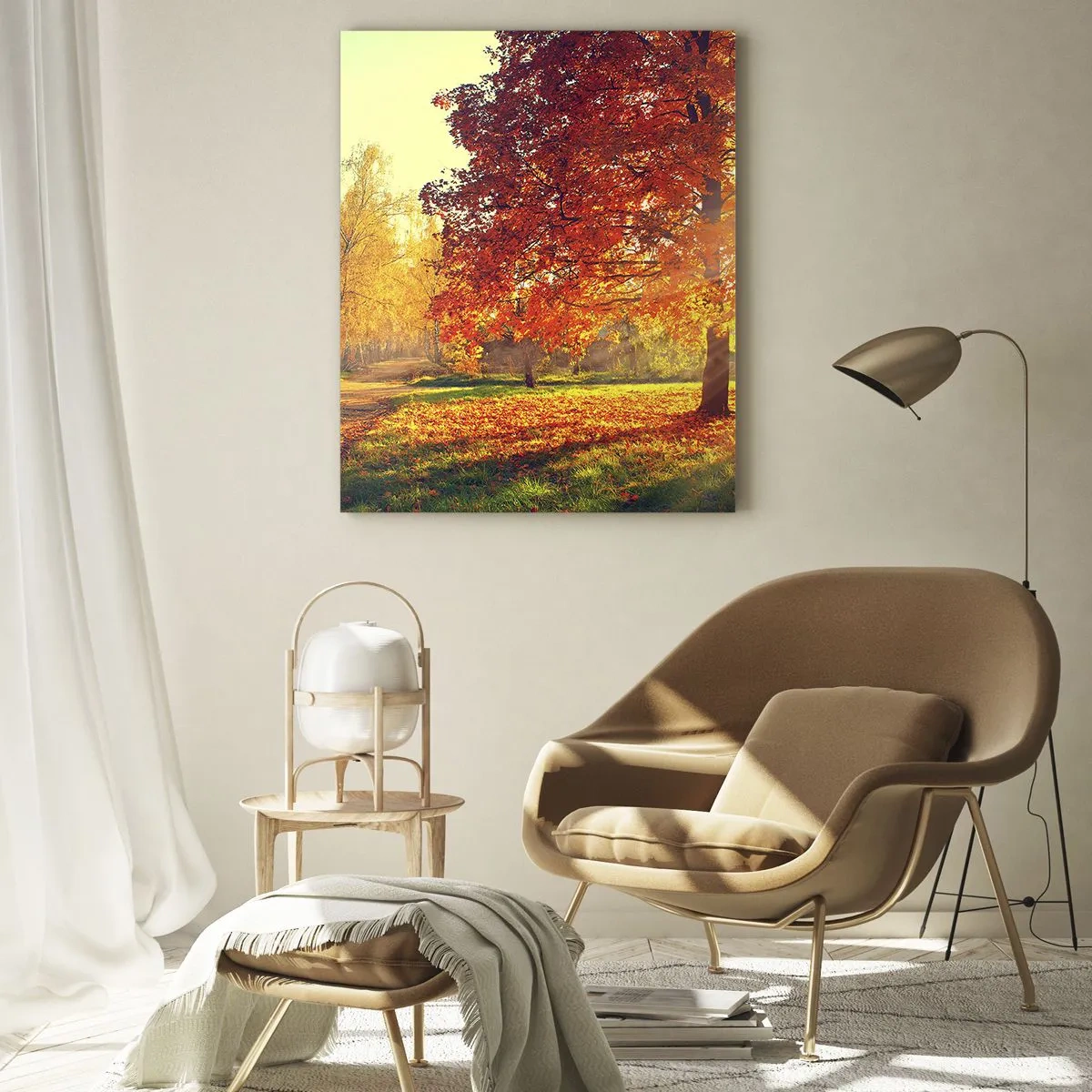 Cuadro sobre vidrio - Impresiones sobre Vidrio - Callejón otoñal con rayos de sol - 50x70cm - El rojo es hermoso - Decoración de pared moderna para salón y dormitorio ARTTOR