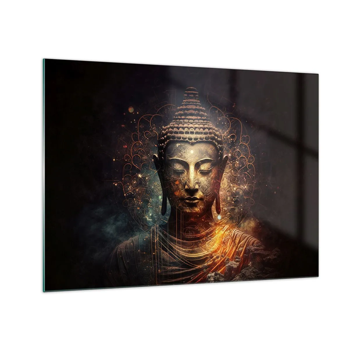Cuadro sobre vidrio - Impresiones sobre Vidrio - Una figura dorada de Buda sobre un fondo oscuro con adornos. - 70x50cm - Equilibrio espiritual - Decoración de pared moderna para salón y dormitorio ARTTOR