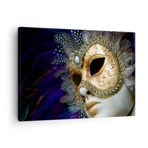 Cuadro sobre lienzo - Impresión de Imagen - Máscara veneciana dorada con plumas decorativas y adornos. - 70x50cm - Retrato veneciano en oro - Decoración de pared moderna para salón y dormitorio ARTTOR