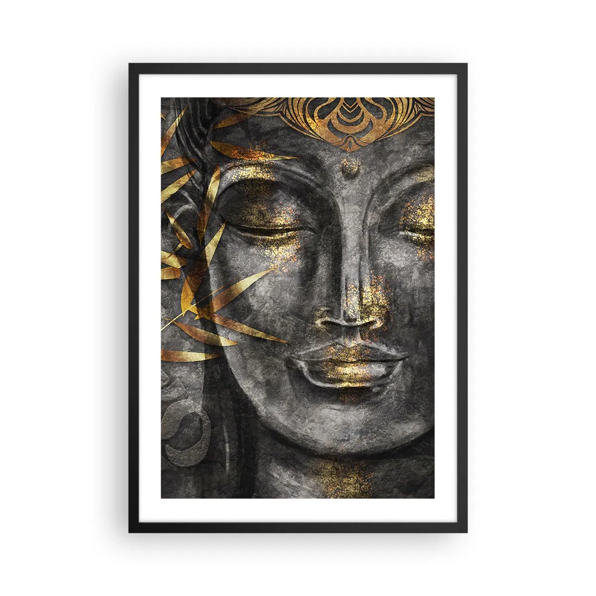 Póster en marco negro - Retrato de Buda con brillo dorado y elementos de hojas de bambú. - 50x70cm - Siente la paz - Decoración de pared moderna para salón y dormitorio ARTTOR