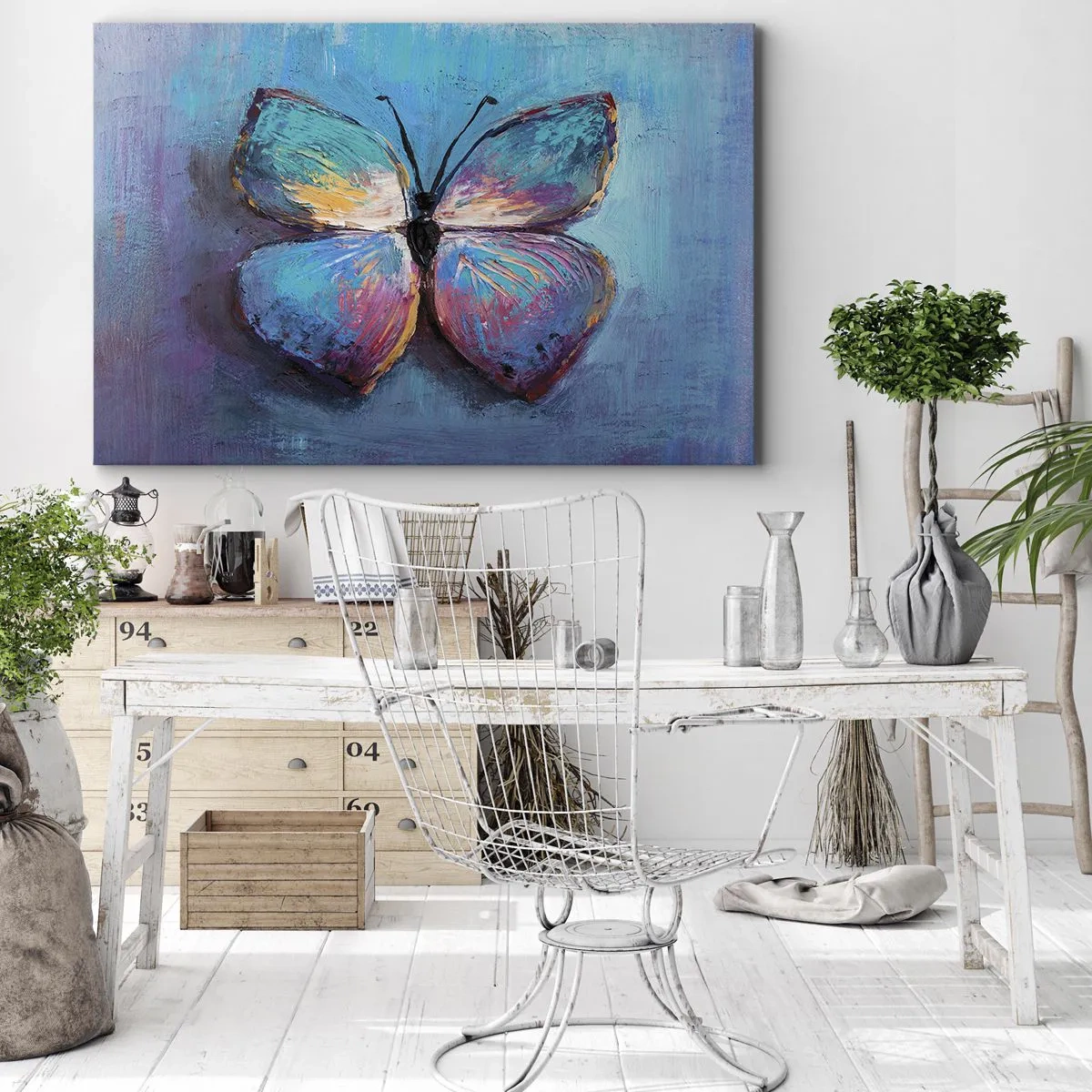 Cuadro sobre lienzo - Impresión de Imagen - Mariposa colorida sobre un fondo azul - 100x70cm - En todo su esplendor - Decoración de pared moderna para salón y dormitorio ARTTOR