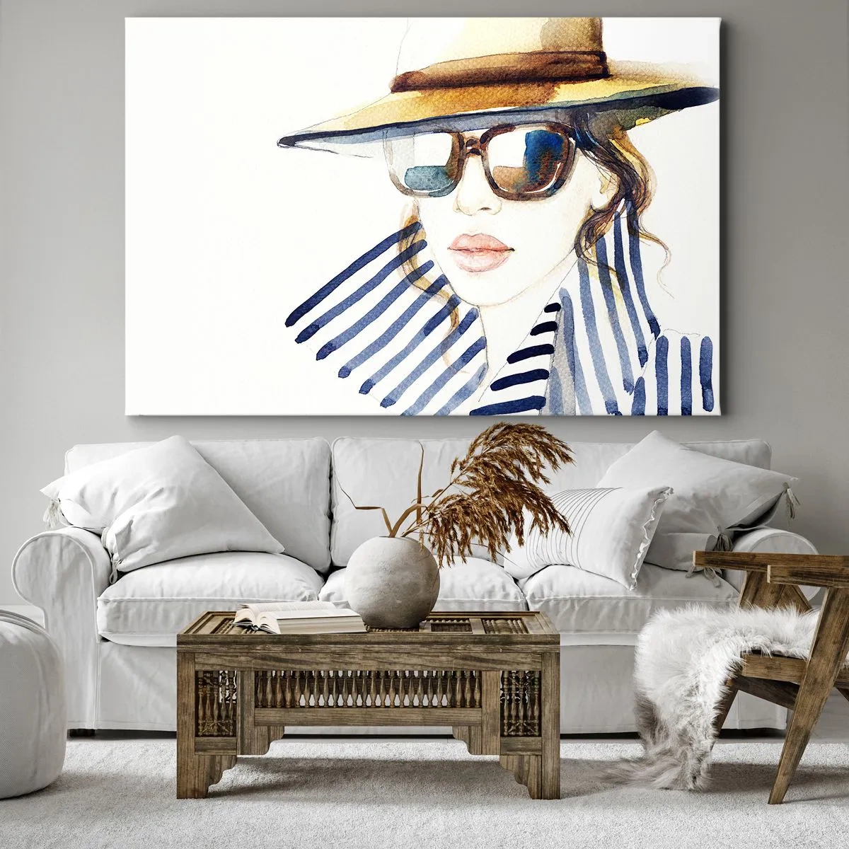 Cuadro sobre lienzo - Impresión de Imagen - Retrato de una mujer con sombrero y gafas de sol. - 70x50cm - ¡Florida le da la bienvenida! - Decoración de pared moderna para salón y dormitorio ARTTOR