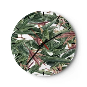 Reloj de pared - Reloj de vidrio - Hojas verdes con acentos lilas sobre un fondo blanco. - 30x30cm - Naturaleza esmeralda y lila - Decoración de pared moderna para salón, cocina y dormitorio ARTTOR