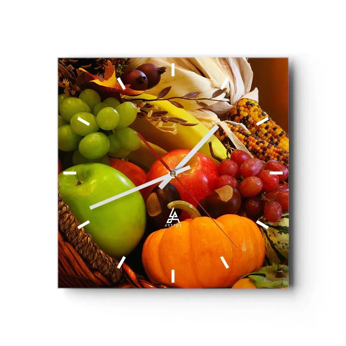 Reloj de pared - Reloj de vidrio - Una cesta de frutas, calabazas y maíz sobre un fondo de colores otoñales. - 30x30cm - Cesta de la cosecha - Decoración de pared moderna para salón y dormitorio ARTTOR