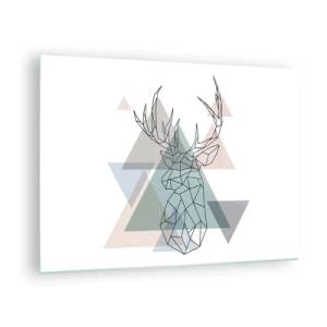 Cuadro sobre vidrio - Impresiones sobre Vidrio - Dibujo geométrico de un ciervo sobre un fondo de triángulos pastel. - 70x50cm - En un bosque geométrico - Decoración de pared moderna para salón y dormitorio ARTTOR