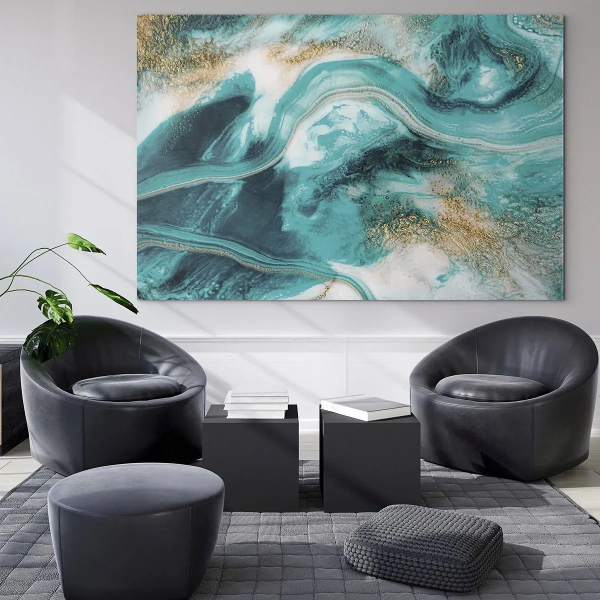 Cuadro sobre vidrio - Impresiones sobre Vidrio - Una composición abstracta en turquesa con acentos dorados. - 70x50cm - Río de oro - Decoración de pared moderna para salón y dormitorio ARTTOR