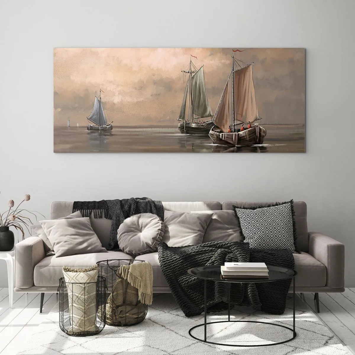 Cuadro sobre vidrio - Impresiones sobre Vidrio - Veleros en un mar en calma en un entorno pastel - 160x50cm - El regreso de los marineros - Decoración de pared moderna para salón y dormitorio ARTTOR
