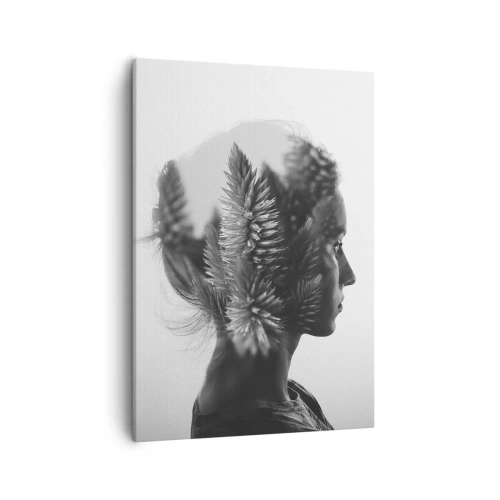 Cuadro sobre lienzo - Impresión de Imagen - Un retrato sutil con elementos de la naturaleza. - 50x70cm - La dama del bosque de pinos - Decoración de pared moderna para salón y dormitorio ARTTOR