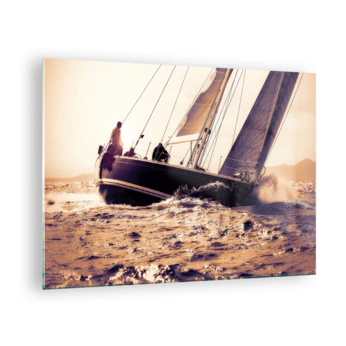 Cuadro sobre vidrio - Impresiones sobre Vidrio - Un velero en un mar tempestuoso en tonos cálidos. - 70x50cm - Navega, marinero - Decoración de pared moderna para salón y dormitorio ARTTOR