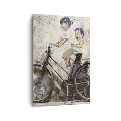 Cuadro sobre lienzo - Impresión de Imagen - Arte callejero con una bicicleta y dibujos infantiles en la pared. - 70x100cm - ¿Verdadero o falso? - Decoración de pared moderna para salón y dormitorio ARTTOR