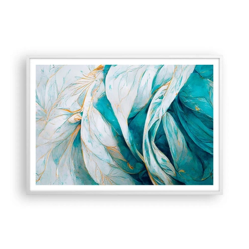 Póster en marco blanco - Abstracción azul con motivos dorados - 100x70 cm