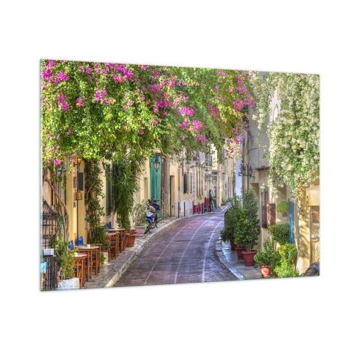 Cuadro sobre vidrio - Impresiones sobre Vidrio - Una calle encantadora con árboles en flor. - 100x70cm - Un callejón floreciente - Decoración de pared moderna para salón y dormitorio ARTTOR