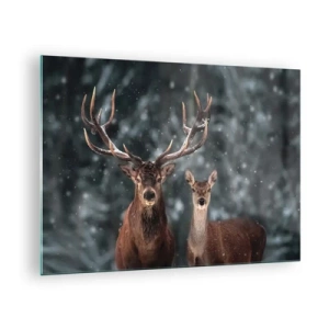 Cuadro sobre vidrio - Impresiones sobre Vidrio - Un ciervo y una cierva en un bosque invernal cubierto de nieve. - 70x50cm - El señor y la señora del bosque - Decoración de pared moderna para salón y dormitorio ARTTOR
